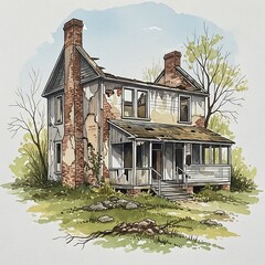 A detailed watercolor painting portrays a weathered, dilapidated house, its decaying facade and broken windows evoking a sense of loneliness and abandonment.