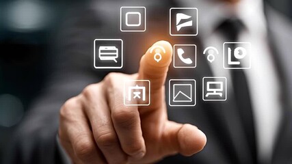 Close up of a businessman in a suit using his finger to interact with a futuristic digital touchscreen interface with various glowing icons representing modern communication and technology - Powered by Adobe