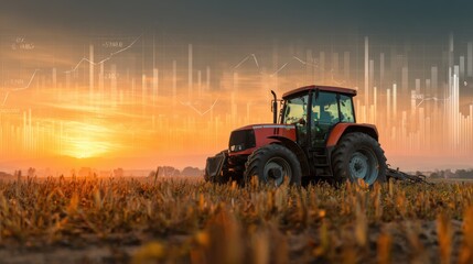 Fototapeta premium A lone tractor working in a vast, sun-drenched field under a vibrant sky, symbolizing agriculture, hard work, and the harvest season. A tractor plowing a field during a picturesque sunset.