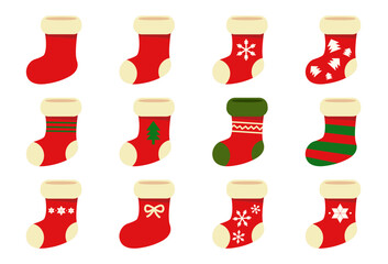 Christmas Socks Set Isolated on transparent. Winter collection of stockings with holiday, xmas element. Red, green santa socks with snowflakes, snowman, christmas tree