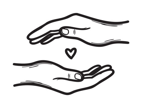 Simple black outline sketch of two hands with a small heart between them, symbolizing care, love, and connection.
