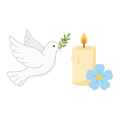 A white dove of peace holding an olive branch next to a lit memorial candle and a blue flower.