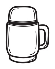 Black outline icon of a simple insulated travel mug with a handle, suitable for hot beverages.