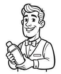 Smiling cartoon bartender holding a cocktail shaker, wearing a bow tie and vest, representing hospitality.