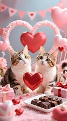 cute cats enjoying Valentine's Day hearts and chocolates pastel romantic atmosphere composition 9_16 vertical high detail
