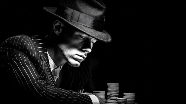 Intense Monochrome Portrait of a Man Playing Poker with Shadows and High Contrast Details