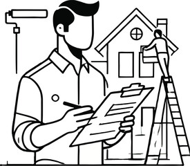 Man with clipboard and paint roller near house with painter on ladder