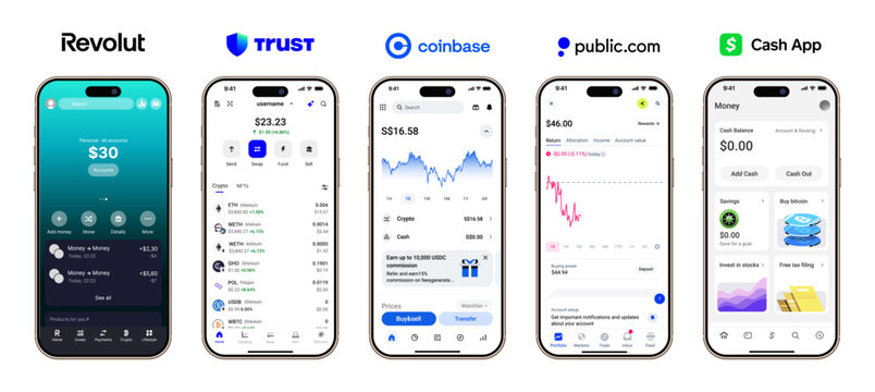 Finance and Crypto Wallet App UI Mockup Template on Smartphone

Revolut, Trust Wallet, Coinbase, Public, and Cash App mobile interface &ndash; modern fintech and crypto trading UI design collection