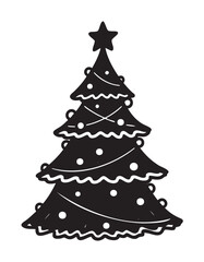 Black silhouette of a decorated christmas tree with a star on top and ornaments throughout its branches.