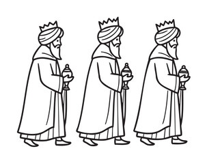 Obraz premium Three wise men wearing robes and crowns, carrying urns, depicted in a simple black outline design, walking in a line.