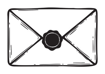Black outline vector icon of an envelope with a vintage wax seal in the center, symbolizing traditional mail and communication.