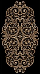 Ornate gold filigree design with intricate scrollwork and embellishments against a dramatic black background.