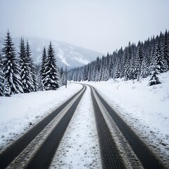 A winding road through a snowy mountain forest, showcasing tire tracks in the fresh snowfall.