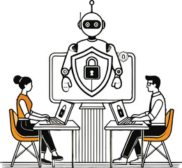 Robot overseeing people working on laptops with security icons