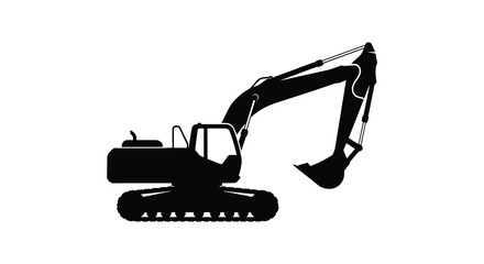 A stark black silhouette of a heavy duty excavator with its boom extended against a white background silhouette © MIRAJ02