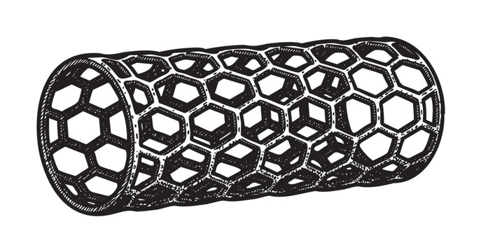 Black and white sketch of a cylindrical carbon nanotube with a hexagonal structure, showcasing its intricate lattice design.