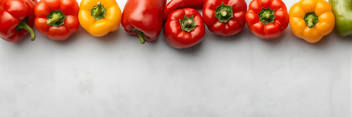A vibrant row of colorful bell peppers including red, yellow, and green, arranged neatly on a textured gray surface