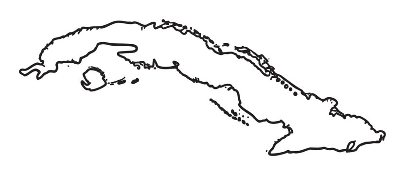 Black outline of the map of cuba showcasing its distinctive shape and geographical features.