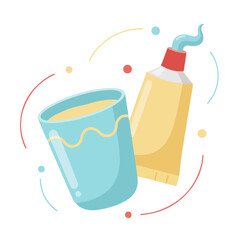 Illustration of a blue cup and a tube of yellow paint.