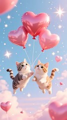 cute cats flying heart-shaped balloons for Valentine's pastel sky sparkling stars composition 9_16 vertical high detail