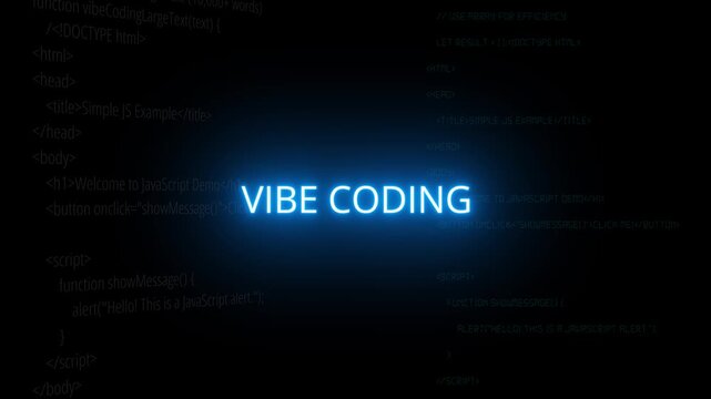 Neon vibe coding text glows in center of flowing code, sleek digital code movement and dark background show script runner and digital focus vibe. Motion graphics of java code concept.