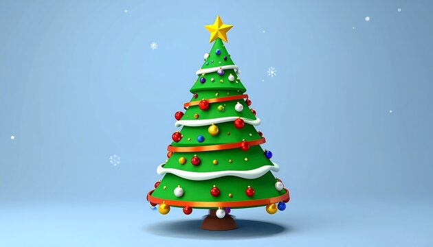 A stylized, cartoon-like Christmas tree with ornaments and a star topper, set against a gradient blue background with falling snowflakes - Powered by Adobe