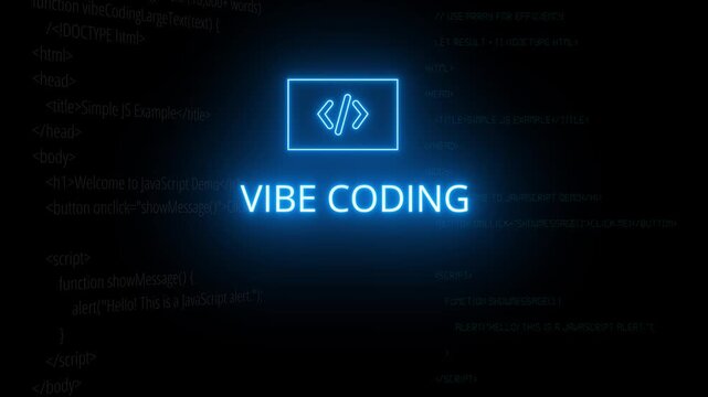 Neon vibe coding text glows in center of flowing code, sleek digital code movement and dark background show script runner and digital focus vibe. Motion graphics of java code concept.