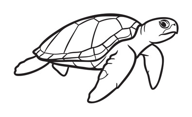 Black outline drawing of a sea turtle swimming with detailed shell and flippers, emphasizing marine life and conservation.