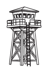 Black and white linear drawing of a wooden watchtower with railings and a ladder against a plain background.