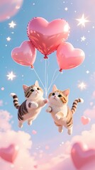 cute cats flying heart-shaped balloons for Valentine's pastel sky sparkling stars composition 9_16 vertical high detail