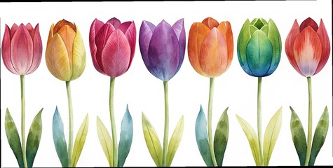 Watercolor tulips in assorted colors with green leaves on a white background