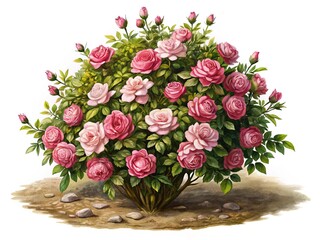 Obraz premium Beautiful rose bush with light and dark pink flowers and green leaves