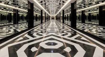 A long hallway with a striking black and white geometric floor pattern, mirrored walls creating an illusion of depth and reflecting the intricate design.
