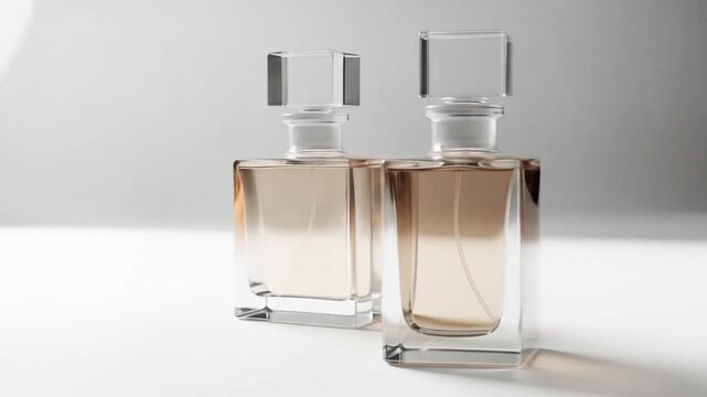 Two elegant perfume bottles with clear glass and light brown liquid, showcasing luxury fragrance products.