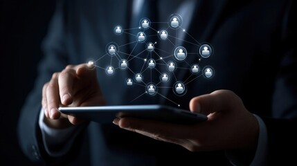 CRM Customer Relationship Management for business sales development and digital marketing system concept: Businessman using digital tablet with CRM database analysis and customer support.