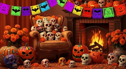 Festive Dia de los Muertos celebration scene with an armchair full of skulls and marigolds