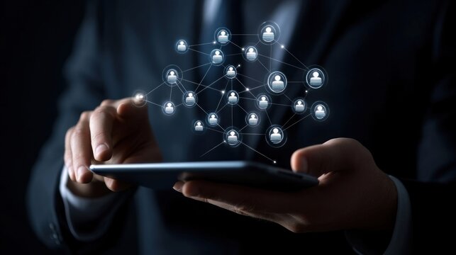 CRM Customer Relationship Management for business sales development and digital marketing system concept: Businessman using digital tablet with CRM database analysis and customer support.