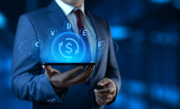 Businessman holding smartphone with Currency Exchange icons on screen. Business and Finance concept