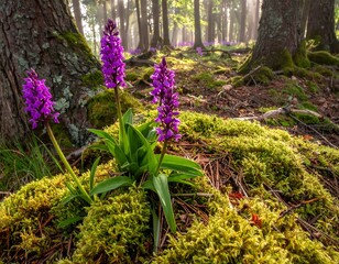 A vibrant scene of purple wildflowers blooming on a mossy forest floor, with sunlight filtering through the trees