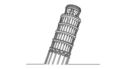Iconic leaning tower of pisa architectural landmark depicted as a detailed black and white silhouette