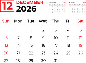 December 2026 Monthly Calendar design week starts from Sunday