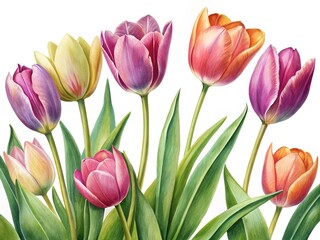 Fototapeta premium Watercolor Painting of Assorted Color Tulips with Green Leaves on White Background