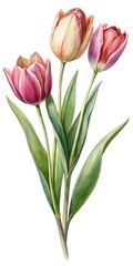 Fototapeta premium Elegant Watercolor Painting of Pink, Red and White Tulips on White Background