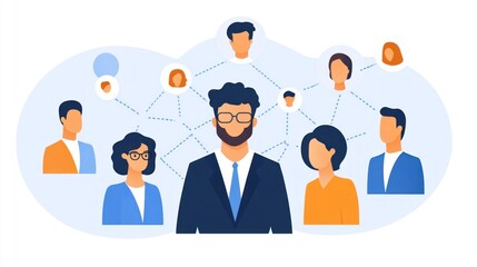 CRM (Customer Relationship Management) concept: Businessman with customer network, customer service, human resources (HR) management and recruitment, outsourcing, team building.