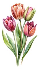 Obraz premium Watercolor painting of colorful tulips in full bloom and budding stages