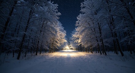 A snowcovered forest path illuminated by warm lights under a starry night sky, creating a magical winter wonderland scene