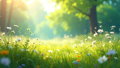 Fototapeta premium A sunlit field of wildflowers in a blurred meadow, with green grass and trees in the soft background, capturing a tranquil atmosphere