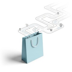 Illustration of shopping bag with route isolated on white background for delivery concept