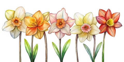 Obraz premium Watercolor Painting of Row of Colorful Daffodils, Spring Flowers Illustration Art