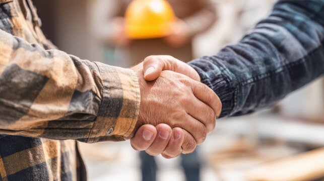 A handshake between two construction workers, symbolizing agreement and collaboration. One worker is wearing a plaid shirt and other worker wear a yellow safety helmet, symbolizing safety